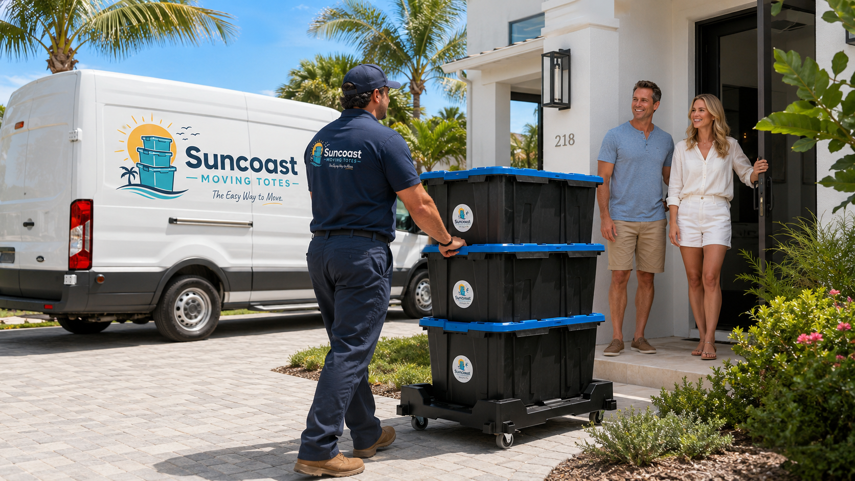 Suncoast Moving Totes delivery — stacked black 27-gallon moving totes and a rolling tote cart at a Florida home
