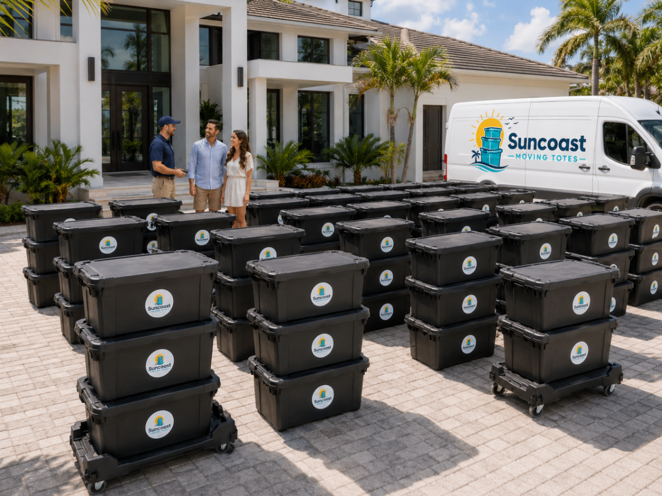 Custom Move package showing a large Suncoast delivery setup with rows of moving totes at a home
