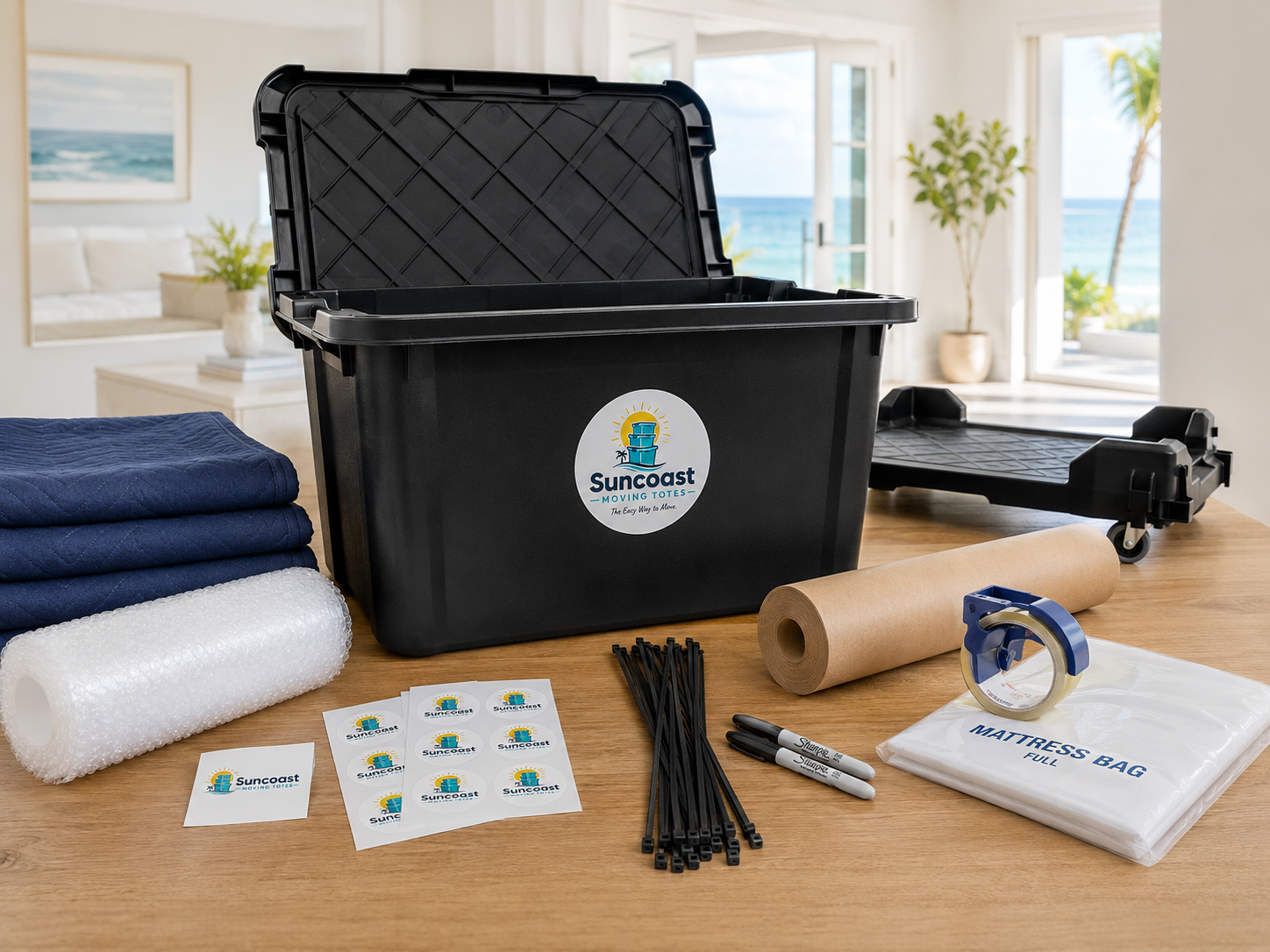 Stacked black heavy-duty 27-gallon moving totes with secure fitted lids