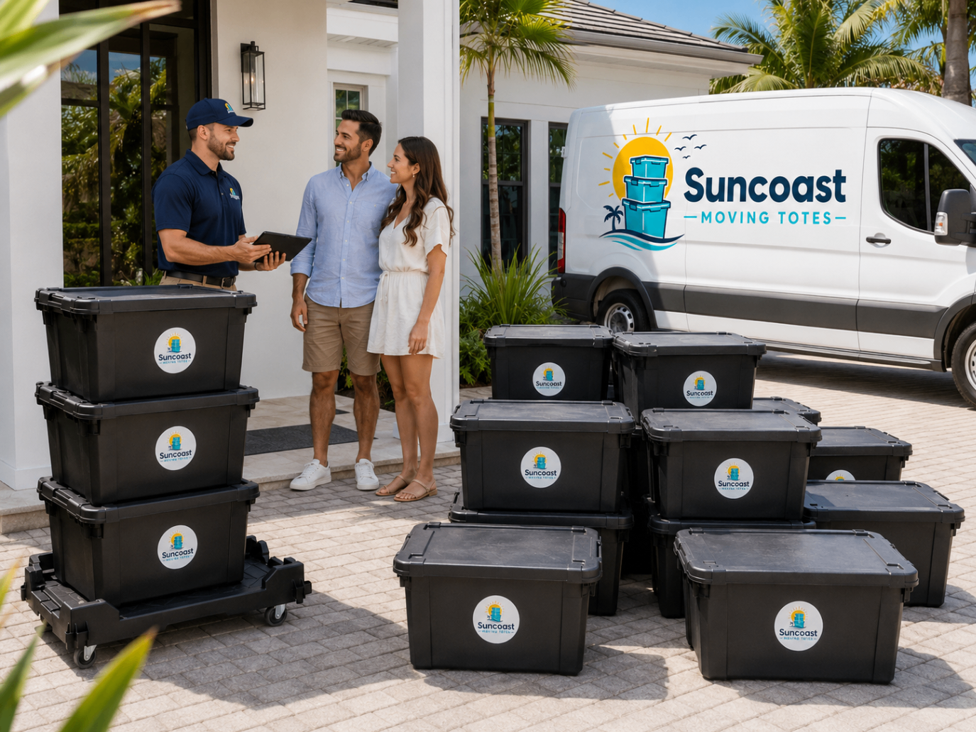 Family Move package with Suncoast totes staged beside a delivery van while a family checks in with the driver